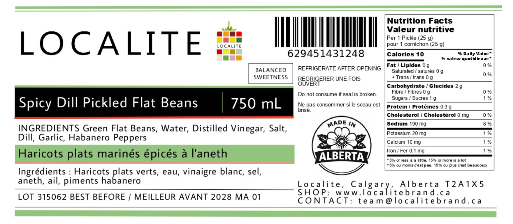 Spicy Dill Pickled Flat Beans 1 x 750ml